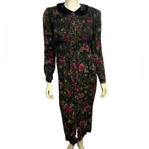 Vintage Dark Floral Button Down Long Sleeve Maxi Dress Collar Flowers Shoulder